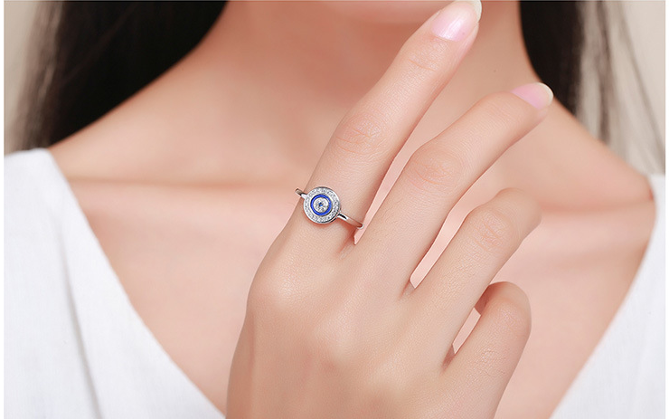 Round Blue Evil Eye Band Ring in Sterling Silver 925 Cubic Zirconia & Enamel Size 6-8