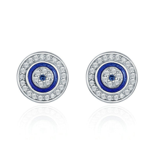 Evil Eye Stud Earrings Round Sterling Silver 925 Blue White Cubic Zirconia with Enamel