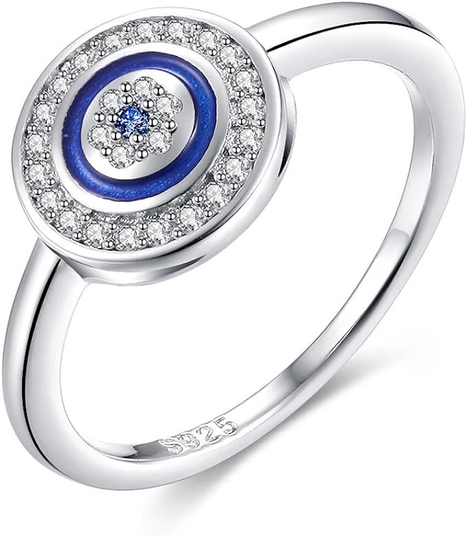 Round Blue Evil Eye Band Ring in Sterling Silver 925 Cubic Zirconia & Enamel Size 6-8